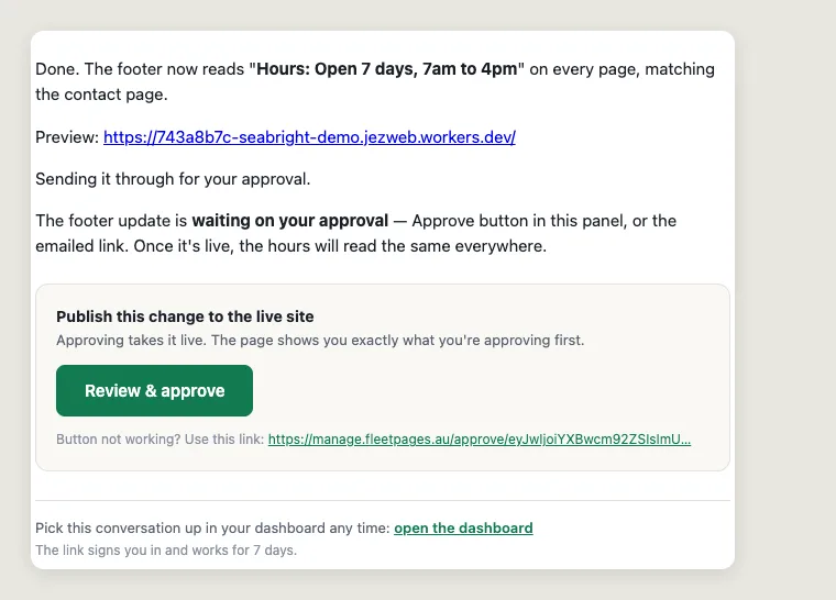 A real approval email: plain summary, preview link to the real page, and one Review and approve button