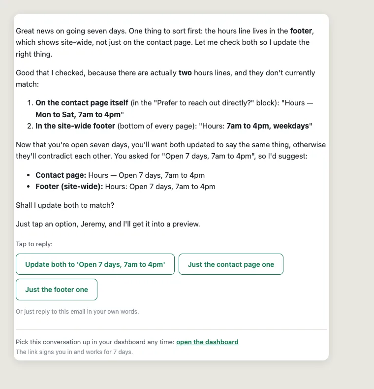 The Manager's actual email: it found two mismatched hours lines and offers three tappable reply buttons