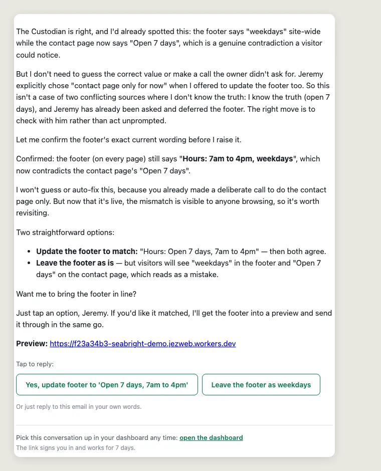 The tidy-up email: the Manager explains the Custodian's finding, refuses to guess, and offers two choices