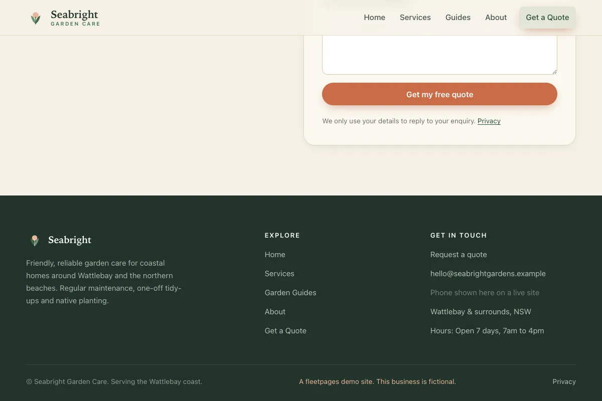 The Seabright demo site footer now reading Hours: Open 7 days, 7am to 4pm, with the plate: a fleetpages demo site, this business is fictional