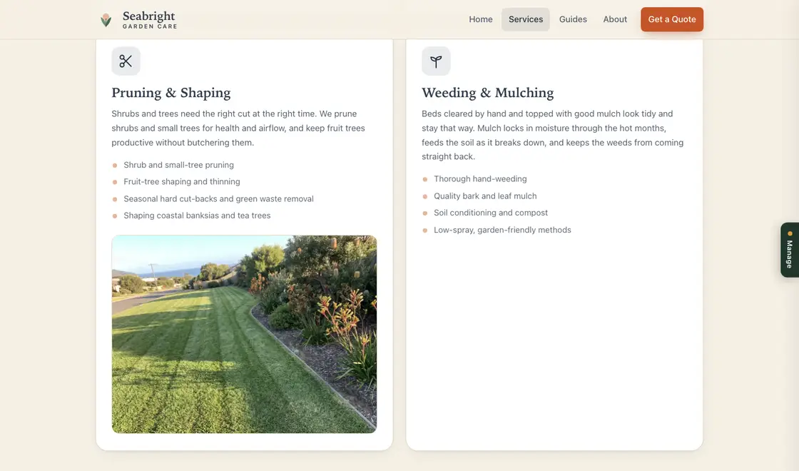 Animation: right-clicking a service card opens the editor, the whole set is chosen and shown as tiles, Add another service is pressed, a sentence is typed, and the change lands on the owner's list with a toast confirming nothing publishes without their yes