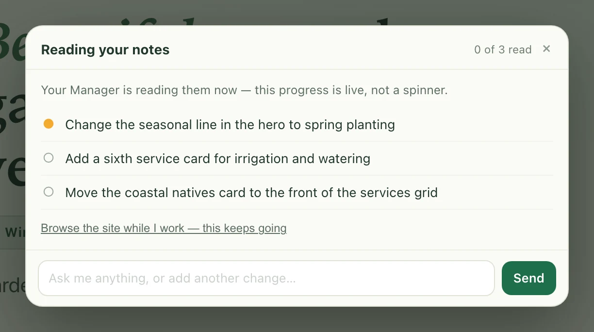 The work panel open on the owner's page, headed Reading your notes with a 0 of 3 read counter, the three changes listed with progress dots, a link reading browse the site while I work, and a composer at the bottom to ask anything or add another change