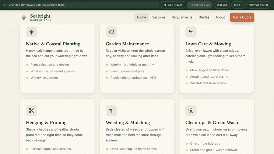 Animation: the owner asks for a seventh service card in the site chat, and the preview walkthrough rings the new Irrigation and Watering card, built to match the existing cards' structure