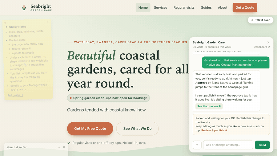 Animation: the owner asks for a winter garden care tips page in the site chat, and the preview walkthrough shows the finished guide page with its title ringed, then its new card on the Guides index, ending on the approve card