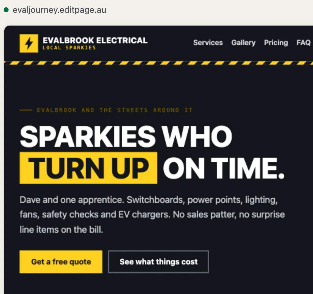 Evalbrook Electrical's home page after publishing: the heading Sparkies who turn up on time, and the first button now reads Get a free quote, beside See what things cost