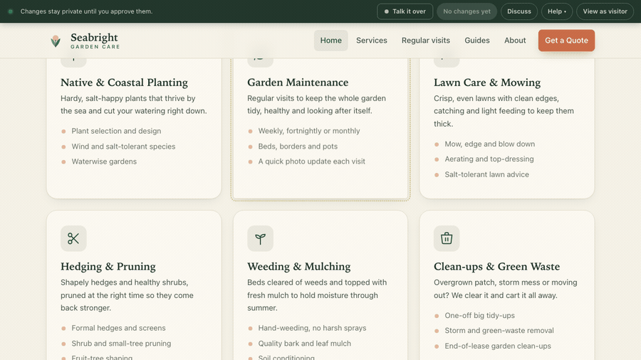 Animation: the owner asks for the Native and Coastal Planting card to be moved first in the services grid, and the preview walkthrough highlights the grid with the card now leading, ending on the approve card