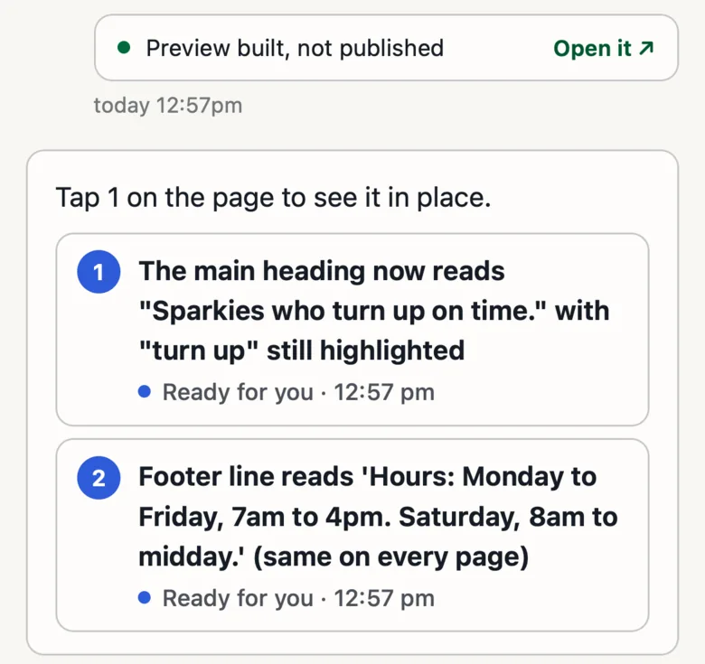 The Manager's chat on a phone for Evalbrook Electrical: Preview built, not published, then Tap 1 on the page to see it in place, and two numbered changes, the main heading and the footer hours, each Ready for you