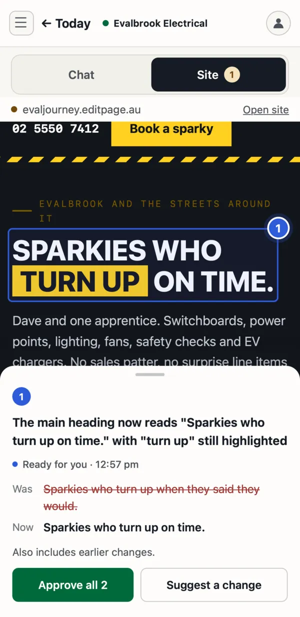 Change 1 open on a phone for Evalbrook Electrical: the new heading is pinned on the page, and the card underneath reads was Sparkies who turn up when they said they would, now Sparkies who turn up on time, also includes earlier changes, with Approve all 2 and Suggest a change
