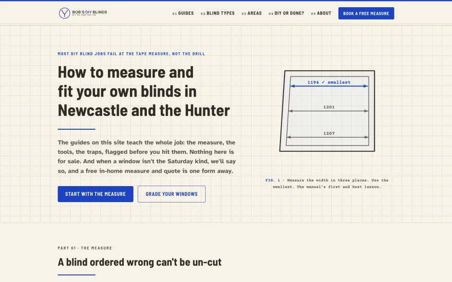 Bob's DIY Blinds homepage: graph-paper workshop manual design with a measuring diagram