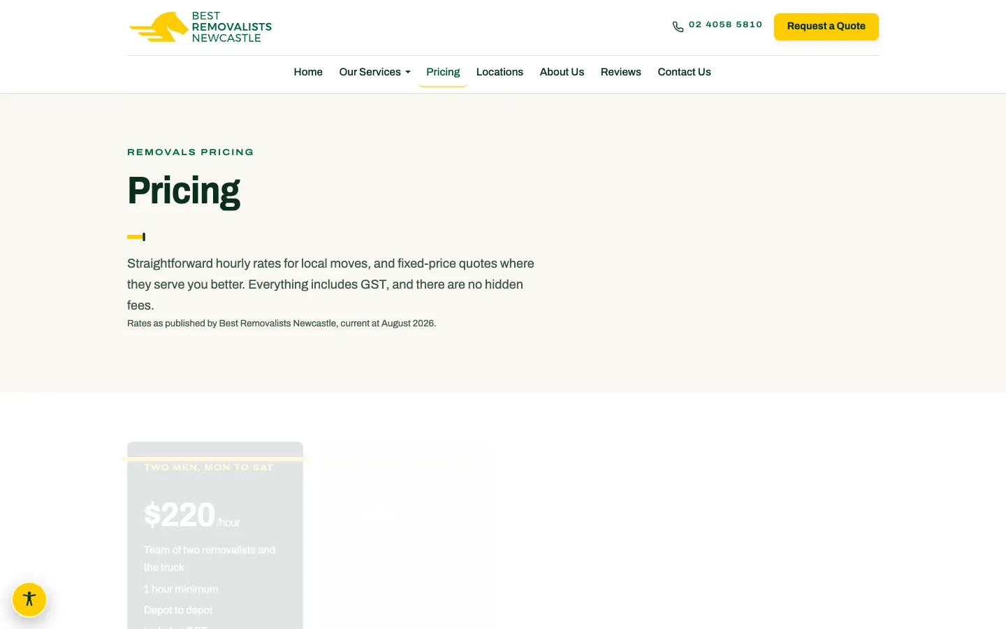 The Pricing page on Best Removalists Newcastle