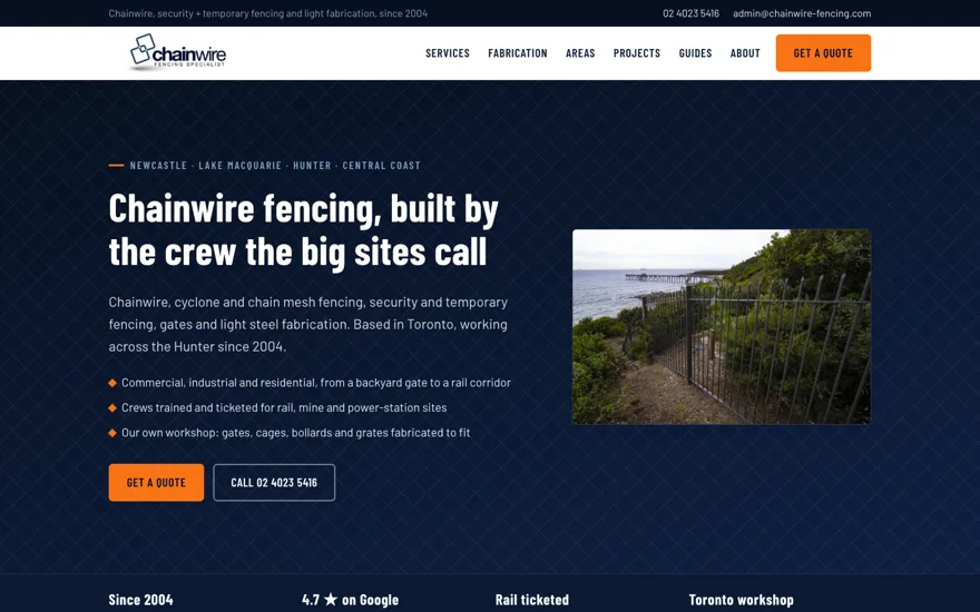 Chainwire Fencing Specialist homepage: deep navy design with chainwire mesh photography and orange quote button