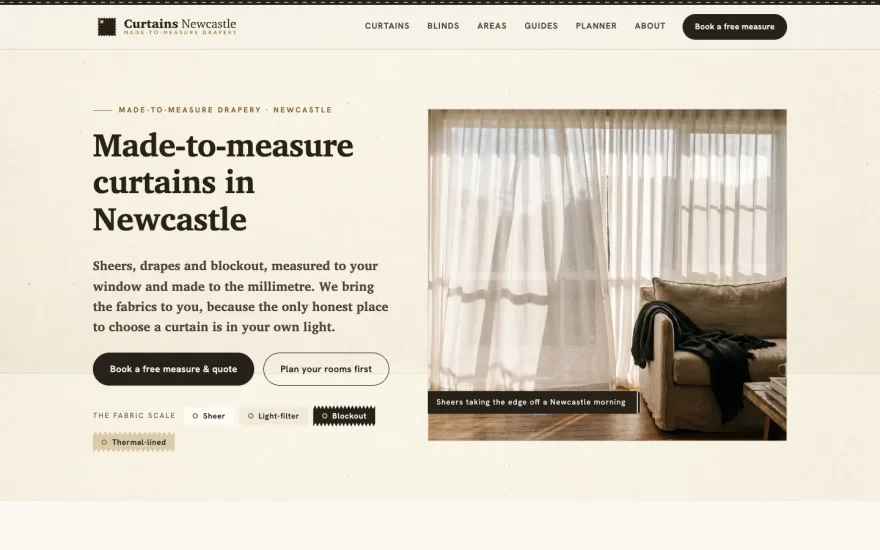 Curtains Newcastle homepage: warm fabric-swatch editorial with sheer curtains photograph