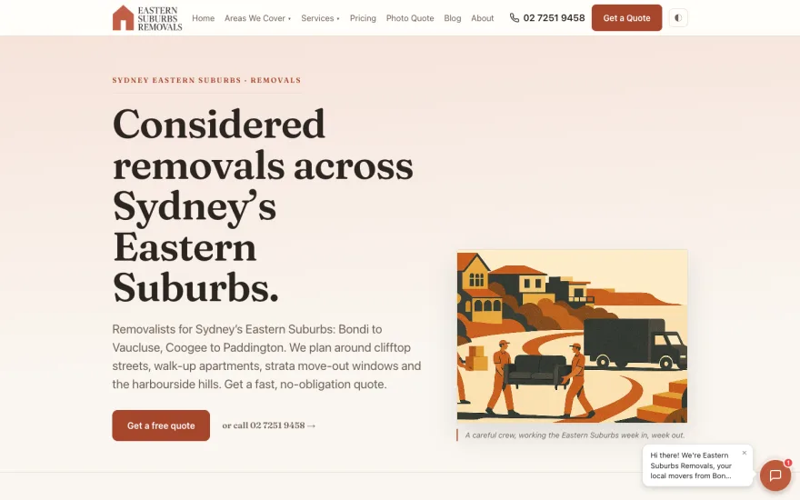 Eastern Suburbs Removals homepage: warm editorial design with illustrated movers