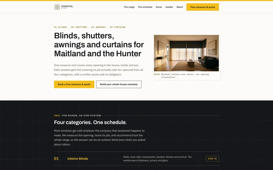 Essential Blinds homepage: charcoal and gold design with a numbered four-category range