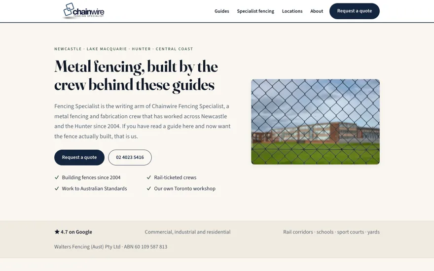 Fencing Specialist homepage: editorial serif design with chainwire mesh photo and guide-first navigation