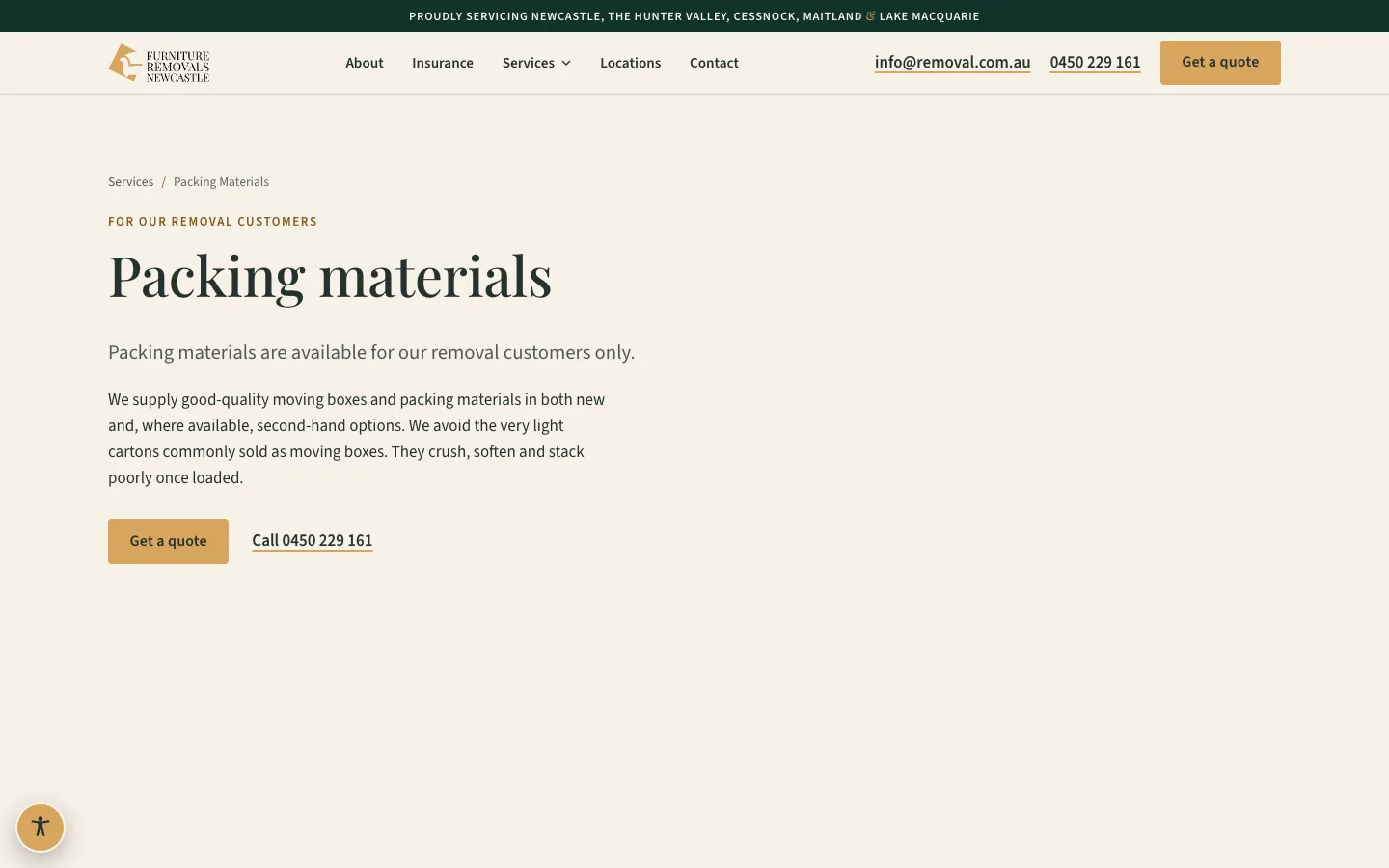 The new Packing Materials page on Furniture Removals Newcastle