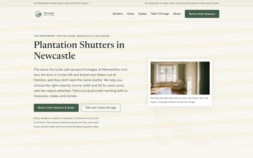 Newcastle Shutters homepage: sage and cream independent guide design