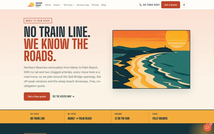 Northern Beaches Removals homepage: retro travel-poster illustration of the peninsula coastline