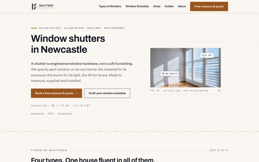 Shutters Newcastle homepage: spec-sheet style layout with annotated shutter photography