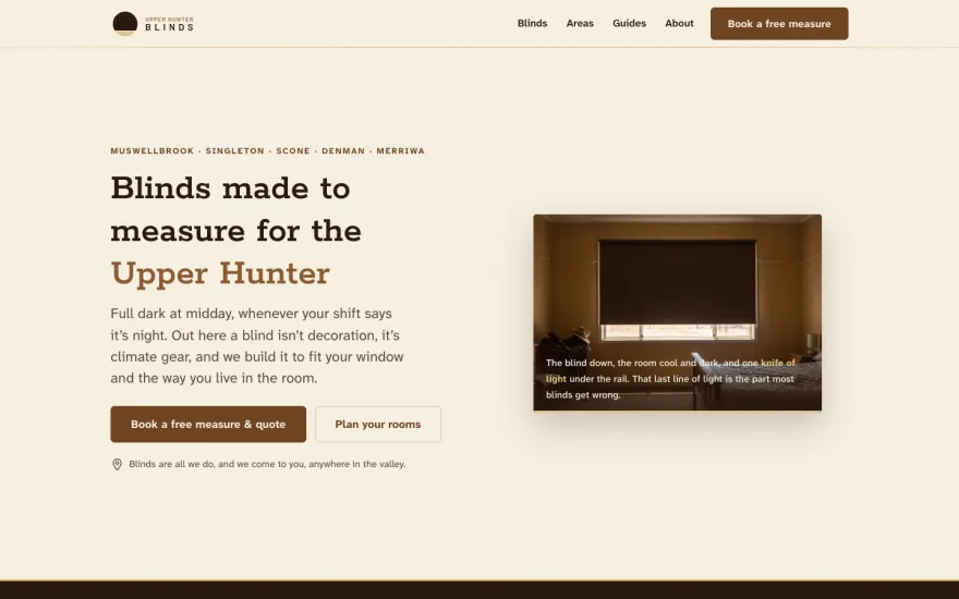 Upper Hunter Blinds homepage: parchment and saddle-brown palette with a blockout blind photo
